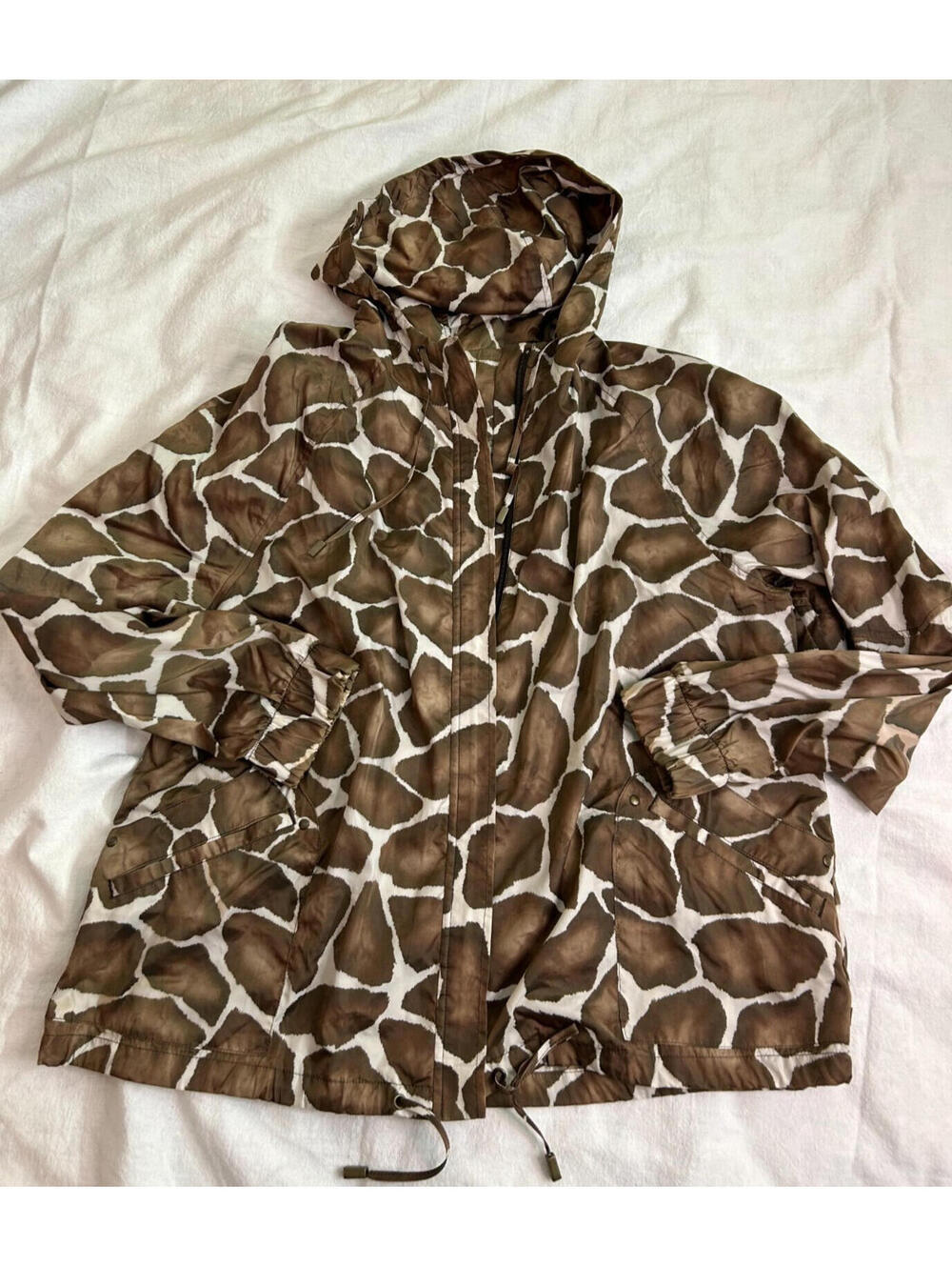 Zenergy By Chicos Brown Animal Print Light Hooded Jacket Zip Front SZ 3